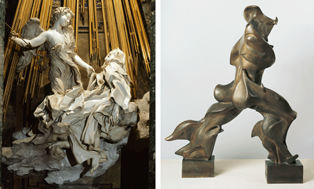 [Left] Gian Lorenzo Bernini, L'Estasi di Santa Teresa (Ecstasy of St Teresa of Avila), 1647-1652, Santa Maria della Vittoria, Rome. Image: NPL - DeA Picture Library / Bridgeman Images [Right] Umberto Boccioni, Forme uniche della continuità nello spazio (Unique Forms of Continuity in Space), 1913, Museo del Novecento, Milan. Image: akg-images / De Agostini Picture Lib. / G. Cigolini